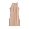 Vestido de Verano Estilo Francés de Lino Rugoso Doble Cara con Tirantes Delgados sin Mangas Bodycon Corto Ceñido a la Cintura Delgado para Mujer Petite