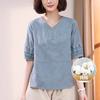 Camiseta de Verano de Algodón Puro para Mamá Traje para Mujeres de Mediana Edad y Mayores Tops Cortos de Algodón y Lino de Verano Ropa Delgada Holgada a la Moda