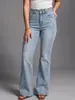 Jeans LL01 Azul Claro Lavado de Doble Botón de Cintura Alta Ligeramente Acampanados para Mujer, Corte Delgado, Alta Elasticidad, Pantalones Acampanados