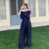 Traje de Dos Piezas para Mujer 2025 Nuevo Traje Casual Nuevo Top Discreto Hombros Descubiertos Pantalones de Pierna Ancha Traje de Dos Piezas