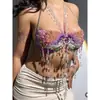 AYJ Chaleco de ropa para mujer transfronterizo europeo y americano moderno con cuello halter top corto sexy con cadena corporal de gemas coloridas cadena en el pecho Y2