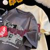 Camiseta de Manga Corta de Algodón Puro con Estampado de Periódico Estilo Americano para Hombre Verano de Moda Marca de Moda Holgada Cuello Redondo Camiseta Pesada Top Ropa