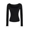 T-shirt Sexy Quente para Mulher com Decote U, Bolso, Manga Longa, Estilo Puro Desejo, Corte Justo na Cintura, Afinando, Cor Sólida, Camada Base Elástica
