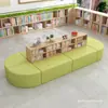 Estante de biblioteca escolar sofá combinação curva criativa modelo, estante de leitura de formato único área de armazenamento área de descanso banco longo