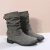 Europa y Estados Unidos hebilla de cinturón de gran tamaño transfronteriza tacón bajo Botas de Caballero Botas planas de color estilo retro de caña media para mujer deseo suministro