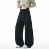 Pantalones de algodón chino gris jaspeado con pliegues y dobladillo curvo, unisex, corte holgado, pants deportivos de pierna ancha con cordón, ropa deportiva casual retro americana