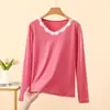 Nuevo Top Básico de Encaje Patchwork de Manga Larga para Mujer Otoño/Invierno 2026, Top Interior de Cuello Redondo, Engrosado Cepillado para Calidez, Ropa de Otoño