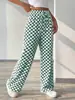 Calça Casual Solta de Cintura Alta Wide Leg com Estampa Xadrez Nova Primavera e Outono Amazon Aliexpress Europeia e Americana