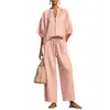 2026 Verano Nuevo Moda Casual Cruzada Europea y Americana para Mujer Holgado Color Sólido Cremallera Cuello Redondo Pantalones de Pierna Ancha Conjunto para Mujer
