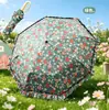 Guarda-chuva Manual Dobrável com Cabo de Argola, Guarda-sol Preto com Proteção UV, Design Floral Fresco, Guarda-sol Anti-UV