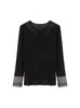 Blusa de manga comprida com gola V e detalhes em renda para outono e inverno, com punhos rendados, corte justo, camada interna elástica, moda feminina