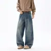Calça jeans masculina com barra curva estilo americano, marca da moda de verão cleanfit lavada desgastada, calça pantalona vintage comprida