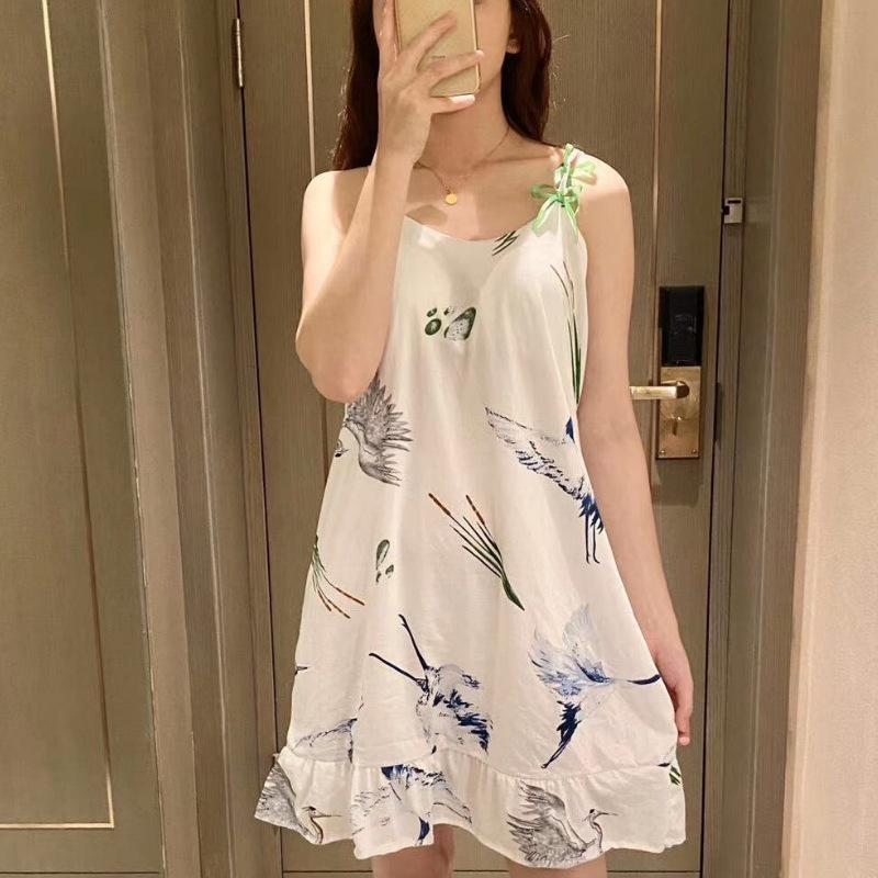 l 蓝灰仙鹤睡裙-白-蝴蝶吊带