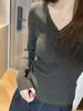 Suéter de Punto Canalé de Manga Larga para Mujer, Ajustado, Cuello en V, Cintura Alta, Básico para Otoño e Invierno