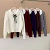 Cardigan de Tricô Feminino com Gola Peter Pan e Laço - Design Novo Outono/Inverno com Detalhes Vazados - Suéter Doce que Rejuvenesce