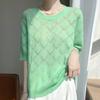 2025 Nuevo Estilo de Verano Seda de Morera Cachemira Cuello Redondo Tejido de Punto Manga Corta para Mujer Camiseta Top Base con Corte de Rombos