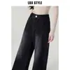Jeans Estreito Wide-Leg de Cintura Alta Preto e Cinza para Mulheres Outono e Inverno 2025 Novos Calças Retas Slim de Comprimento Total de Inverno