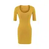 Vestido de Color Sólido con Cuello en U y Mangas Medias para Mujer, Vintage Sexy Elástico Ajustado, Ropa Exterior Hot Girl Deseo Puro, Vestido Corto Bodycon