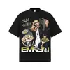 EMINEM Estampado Retro Americano Streetwear Moderno Camiseta de Manga Corta para Hombre 100% Algodón Lavada Vintage Peso Pesado Top de Pareja Verano