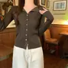 Cardigan de Tricô Fino Feminino Retrô Francês de Outono Antecipado com Gola Lapela, Botão Único, Design Vazado, Suéter de Manga Longa