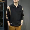 Camisa Polo Casual de Costura Contrastante Estilo Americano Masculina Outono Tendência Marca Suéter Bonito Robusto Camiseta de Algodão Manga Longa Solta Top