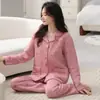 Pijama de Algodón de Aire de Invierno por Capas para Mujer, Manga Larga, Pantalón Largo, Cárdigan con Solapa, Engrosado, Ropa de Casa Cálida, Se Puede Usar Afuera, Conjunto
