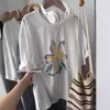 Camiseta Simples com Estampa Floral Estilo Coreano de Manga Curta para Mulheres, Novo Estilo de Verão, Solta, Emagrecedora, Versátil, Casual, Top com Gola Redonda