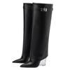 Punto de Comercio Exterior Botas de Pantalón de Tacón Alto de Punta Invierno Nuevo Europeo y Americano Tacón de Cristal Cuña Talla Grande Punta Hebilla Hasta la Rodilla Botas Look Adelgazante