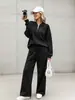 Conjunto de Moletom com Meio Zíper Estilo Europeu e Americano Outono/Inverno 2026 para Mulheres, Solto, Caimento Fluido, Calça Wide Leg, Conjunto Casual de Duas Peças
