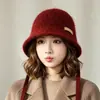 Sombrero de pescador de lana para mujer, engrosado para abrigar en otoño e invierno, hace que la cara se vea más pequeña, adecuado para cabezas de mayor tamaño, diseño versátil de punto con cordones