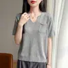 Nuevo Top Camiseta de Punto de Manga Corta para Mujer de Alta Gama Ready-To-Wear Tencel Lino Cuello en V Dobladillo Enrollado con Bolsillo Primavera/Verano 2026