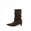 Botines de tacón de gatito estilo francés para mujer, elegantes y estilizan, punta fina, tacón de bloque, gamuza, tacón fino, botas de ajuste ceñido