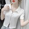 Camiseta feminina de manga curta cor sólida verão novo design com zíper senso nicho ajuste fino estilo ocidental all-match curto top ins moda