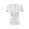 Top Floral Redondo de Manga Corta Ajustado, Moderno y Sexy para Principios de Primavera, Camiseta Versátil de Nicho, Adelgazante y Elegante