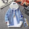 Jaqueta jeans masculina estilo coreano bonito, rasgada, patch casual, estudante, falso, duas peças, com capuz, jaqueta solta, moderna