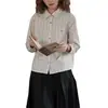 Camisa Nesolum de Cores Contrastantes com Listras Verticais Feminina Primavera 2023 Nova Retrô Francesa Gola Lapela Manga Longa Top