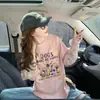 Camiseta Holgada de Encaje Rosa Super Hada de Algodón Puro para Mujer Estilo Hong Kong Moderna Fresca Dibujos Animados Graffiti Longitud Media Casual Versátil