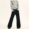 Calça Jeans Yongfang Retro Americana Preta Flare para Homens e Mulheres, Lavada e Desgastada, Corte Slim, Casual, Emagrecedora, Comprimento Total