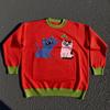 Suéter Jacquard de Gato com Design Único Unissex Solto Gola Redonda Tricô Bloqueio de Cores Vermelho e Verde Marca da Moda