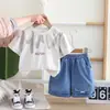 Comércio Exterior Novo Traje de Duas Peças com Estampa de Letras para Crianças, Gola Redonda, Manga Curta, Para Meninos, Verão, Casual, Confortável, Fino, Moderno