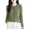 Colección nueva otoño/invierno 2026 transfronteriza: lana de hilado fino, cárdigan de punto de cuello redondo, mangas largas, diseño a rayas de bloques de color para mujer, corte holgado, estilo versátil