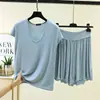 Conjunto de duas peças de verão feminino em modal, soltinho, plus size, casual, para casa, com camiseta de gola U sem mangas e shorts com babados