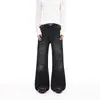 Roupas Masculinas Fengshe / Calça Jeans Rasgada Retro Americana com Efeito Olho de Gato e Padrão de Bambu, Calça Casual Tendência Unissex de Perna Reta Levemente Flare
