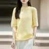 Camiseta de Tricô de Lã Cashmere com Gola Redonda e Borda Enrolada - Nova Coleção Outono/Inverno - Manga Curta - Feminina - Lã - Suéter de Lã - Tendência