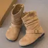 Botas de menina, botas Martin infantis, novas botas de outono e inverno 2026 de cano médio com forro de pelúcia para meninas, botas de couro Birkenstock para crianças maiores