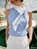 Camiseta sin mangas a rayas con lazo estilo francés para mujer, cuello halter, hombros descubiertos, ceñida a la cintura, adelgazante, elegante, para ir al trabajo, top sin mangas al por mayor