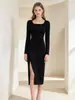 Vestido Formal de Manga Larga con Cuello Cuadrado para Adolescente, Plisado Elástico, Ajustado al Cuerpo, que Resalta la Cadera, con Abertura, Midi, Más Vendido en Amazon