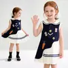 Vestido Colete Infantil Azul Marinho Sem Manga com Gola, Vestido de Verão para Meninas, Saia Plissada para Bebê Menina, Saia de Comprimento Médio