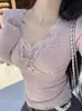 Estilo Chica Caliente Rosa Puro Único Dulce y Hermoso Top Corto de Encaje Ballet Interior Camisa Básica Versátil para Mujer Otoño e Invierno