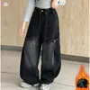 Calças Jeans Forradas com Lã para Meninas Outono e Inverno com Botões Frontais Tendência, Calças Cargo, Calças Wide Leg Estudante Primavera e Outono, Calças Dad, Tendência